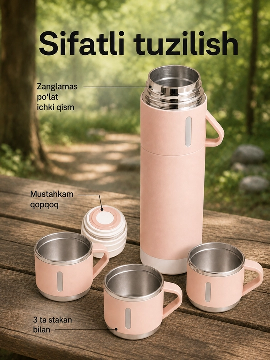 500 ml vakuumli termos, 3 ta chashka va sayohat uchun ishonchli qopqoq bilan