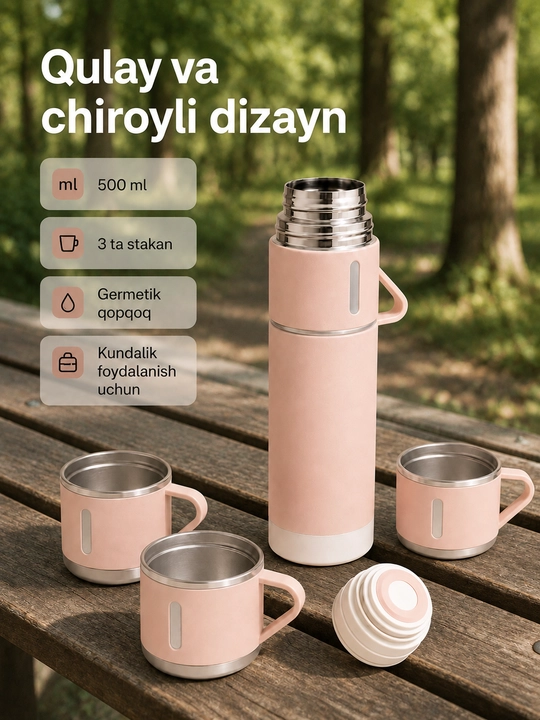 500 ml vakuumli termos, 3 ta chashka va sayohat uchun ishonchli qopqoq bilan