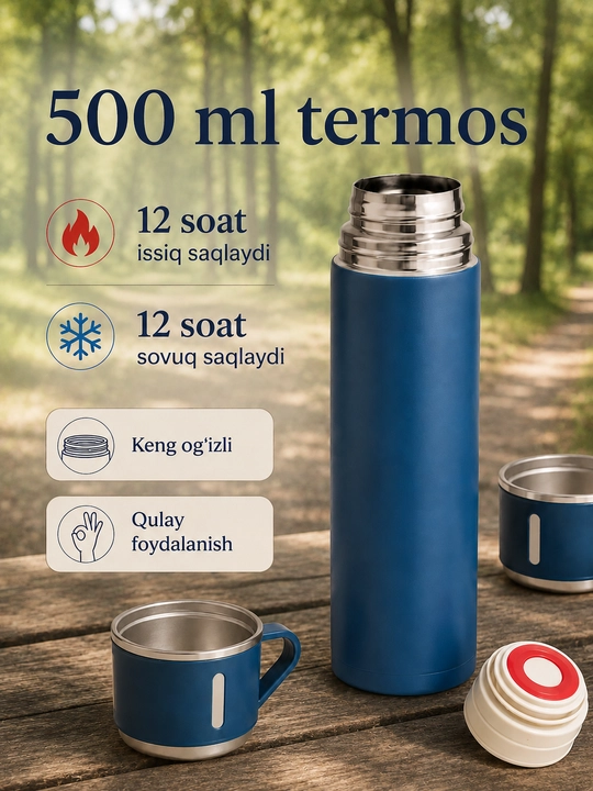 500 ml vakuumli termos, 3 ta chashka va sayohat uchun ishonchli qopqoq bilan