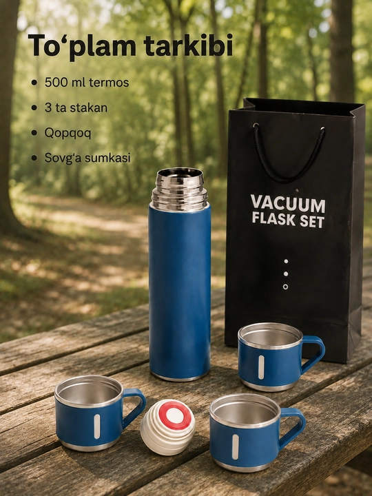 500 ml vakuumli termos, 3 ta chashka va sayohat uchun ishonchli qopqoq bilan