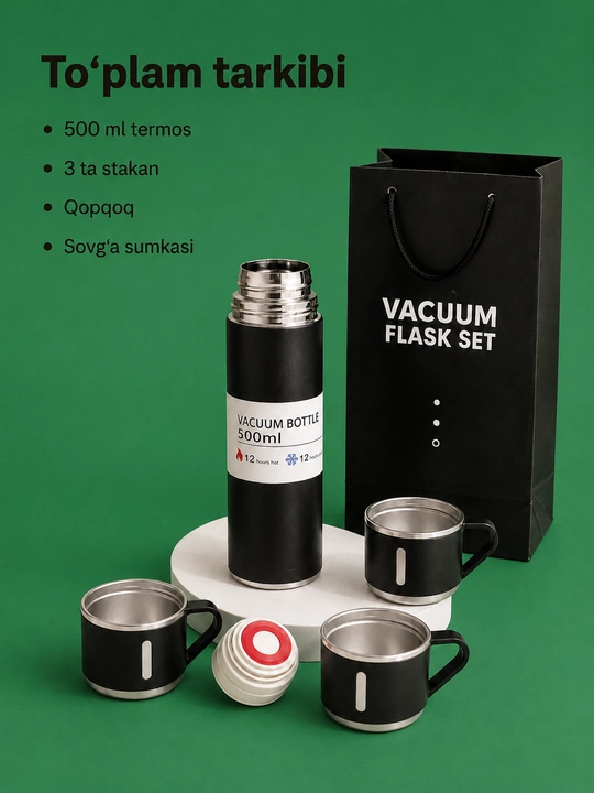 Vakuumli termos 500 ml, 3 ta stakanli zanglamas po‘lat sayohat to‘plami