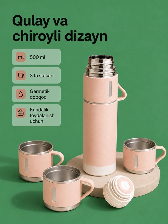 Vakuumli termos 500 ml, 3 ta stakanli zanglamas po‘lat sayohat to‘plami