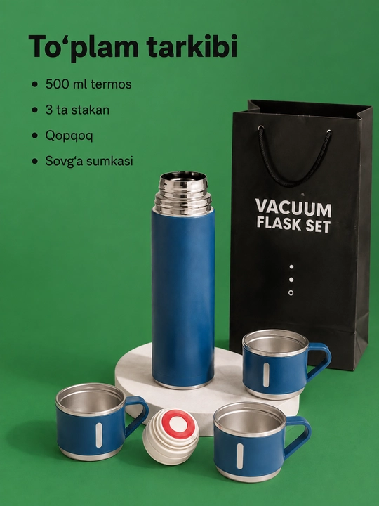 Vakuumli termos 500 ml, 3 ta stakanli zanglamas po‘lat sayohat to‘plami - 