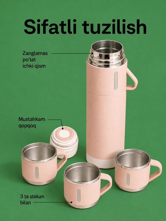 Vakuumli termos 500 ml, 3 ta stakanli zanglamas po‘lat sayohat to‘plami