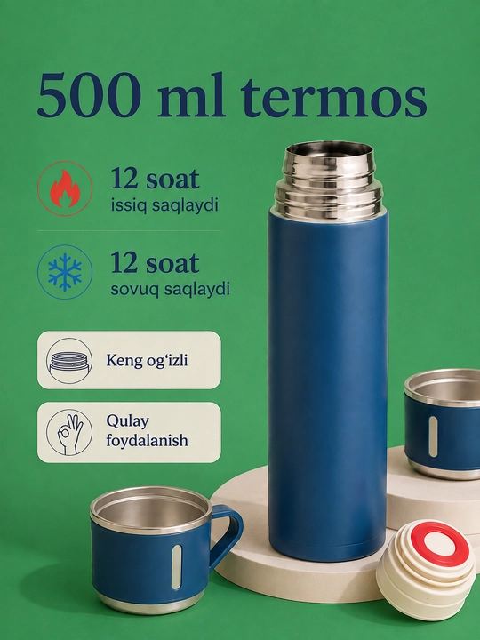 Vakuumli termos 500 ml, 3 ta stakanli zanglamas po‘lat sayohat to‘plami