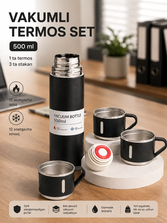Uy, ofis va sayohatlar uchun mo‘ljallangan, 3 ta chashkali 500 ml vakuumli termos to‘plami - 