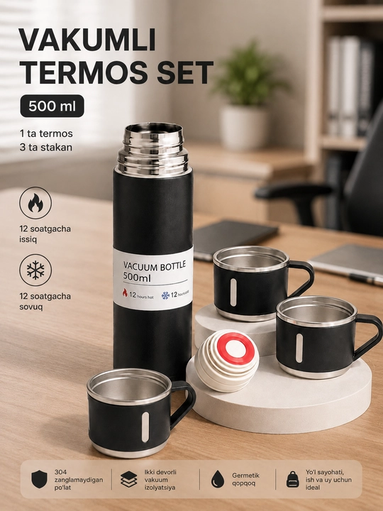 Uy, ofis va sayohatlar uchun mo‘ljallangan, 3 ta chashkali 500 ml vakuumli termos to‘plami