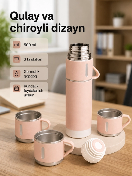 Uy, ofis va sayohatlar uchun mo‘ljallangan, 3 ta chashkali 500 ml vakuumli termos to‘plami