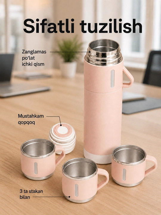 Uy, ofis va sayohatlar uchun mo‘ljallangan, 3 ta chashkali 500 ml vakuumli termos to‘plami