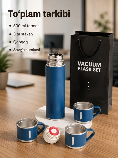 Uy, ofis va sayohatlar uchun mo‘ljallangan, 3 ta chashkali 500 ml vakuumli termos to‘plami