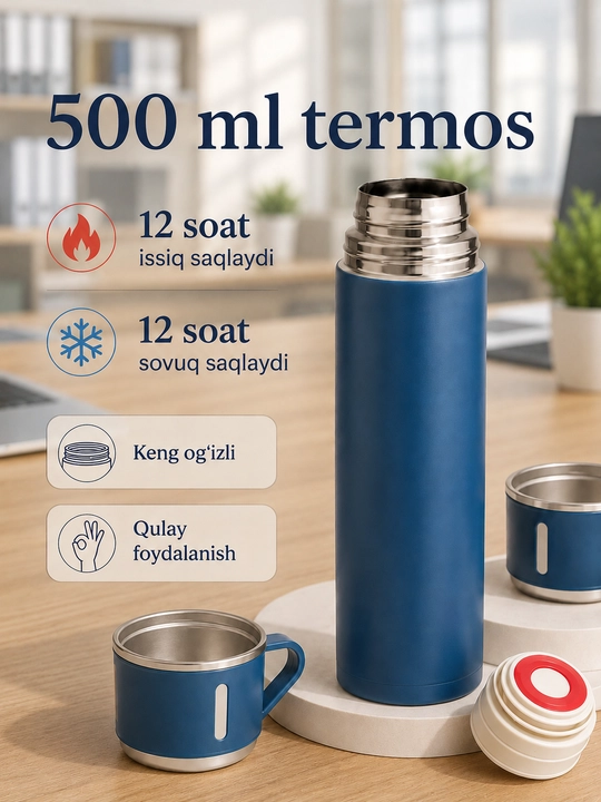 Uy, ofis va sayohatlar uchun mo‘ljallangan, 3 ta chashkali 500 ml vakuumli termos to‘plami