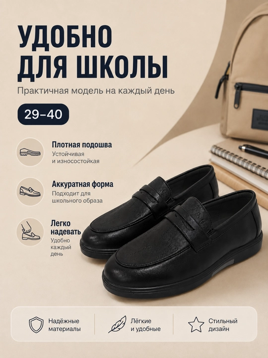 Bolalar va o‘smirlar uchun klassik loafer tufli, maktab uchun, 29–40 o‘lcham