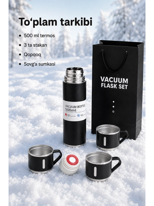 Vakuumli termos, 500 ml, issiq va sovuq ichimliklar uchun 3 ta chashka bilan - 