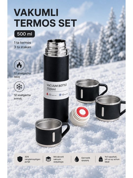 Vakuumli termos, 500 ml, issiq va sovuq ichimliklar uchun 3 ta chashka bilan