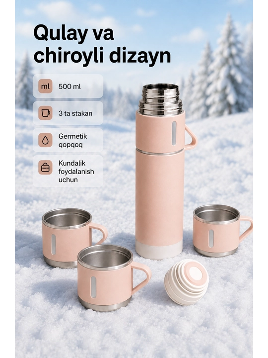 Vakuumli termos, 500 ml, issiq va sovuq ichimliklar uchun 3 ta chashka bilan