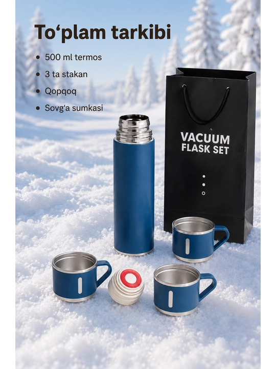 Vakuumli termos, 500 ml, issiq va sovuq ichimliklar uchun 3 ta chashka bilan - 