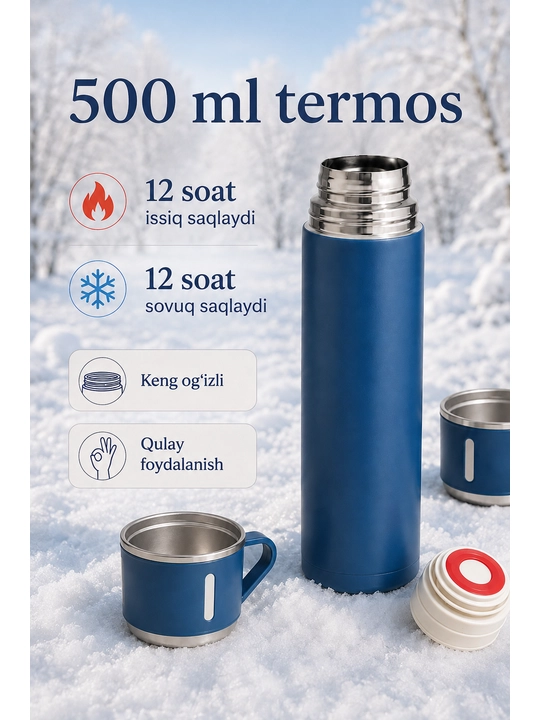 Vakuumli termos, 500 ml, issiq va sovuq ichimliklar uchun 3 ta chashka bilan