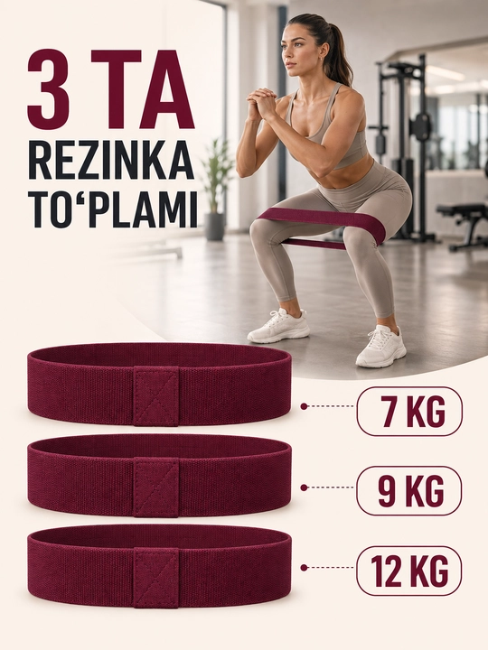 Набор тканевых фитнес-резинок Fitlab, 3 шт, 7, 9, 12 кг, эспандеры для ног и ягодиц