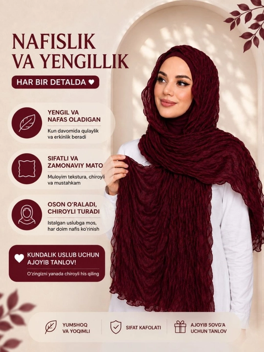 Ayollar uchun yumshoq hijob ro‘mol, uzun sharf, kundalik ro‘mol - 