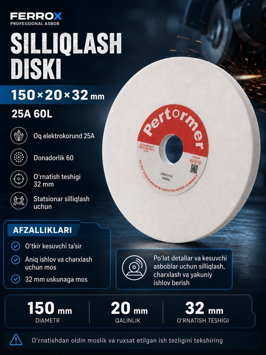 150×20×32 mm 25A 60L silliqlash doirasi, oq elektrokorund - 