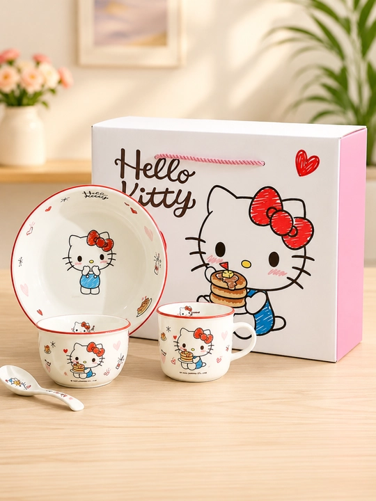 Bolalar idishlar to‘plami Hello Kitty sopol 4 qism sovg‘a qutisi bilan - 