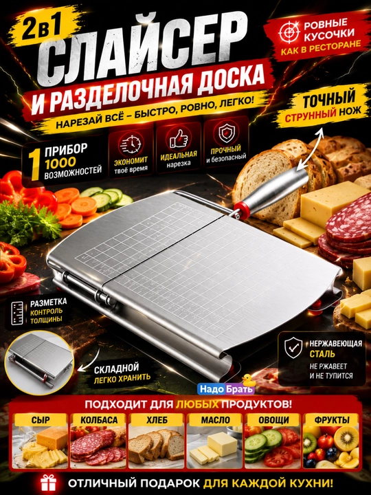 Pishloq kesgich, taxtachali slicer 2 in 1, zanglamaydigan po‘lat - 