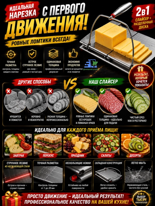Слайсер для сыра с разделочной доской, струнный нож 2 в 1