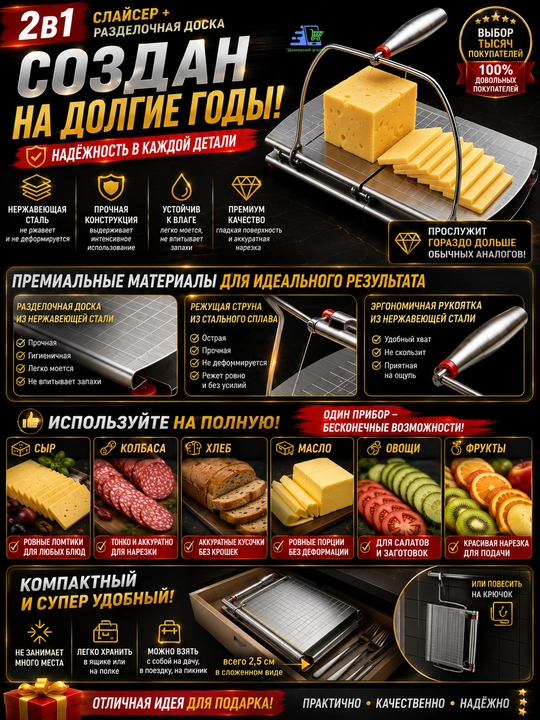 Слайсер для сыра с разделочной доской, струнный нож 2 в 1