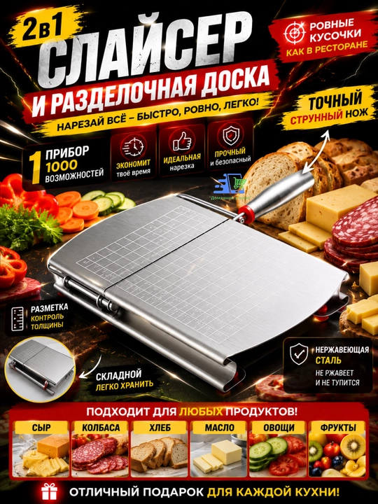 Слайсер для сыра с разделочной доской, струнный нож 2 в 1 - 
