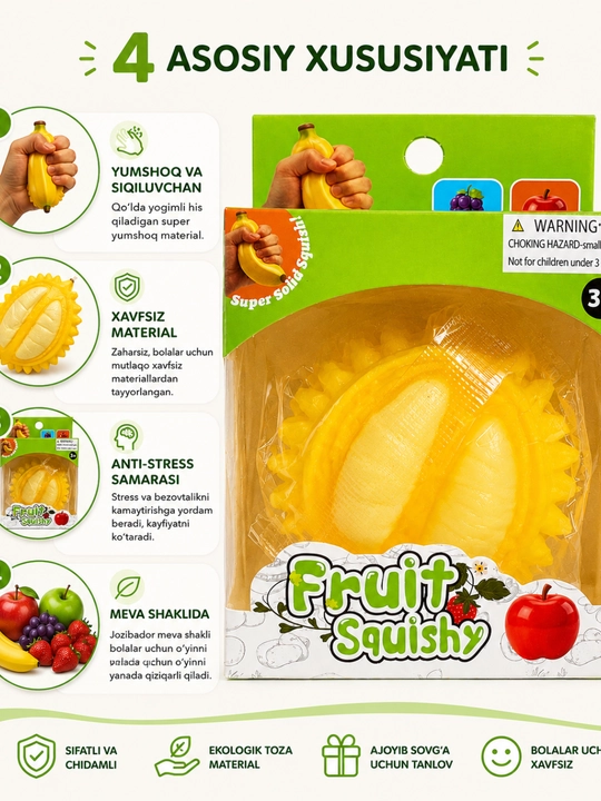 Mevali squishy o‘yinchoq, yumshoq antistress banan, bolalar uchun