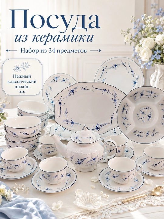 Chinni idishlar to‘plami 34 dona, chinni serviz, choy servisi - 