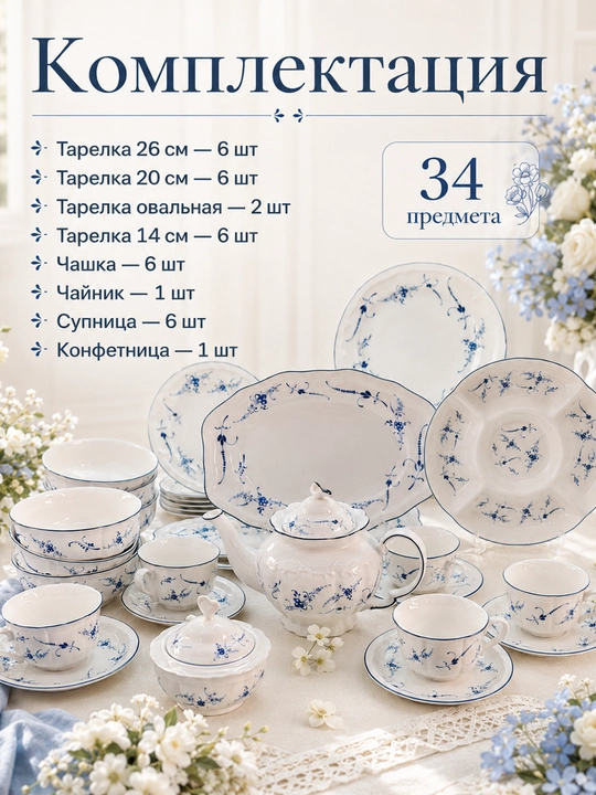 Набор керамической посуды 34 предмета, чайный сервиз, столовый набор
