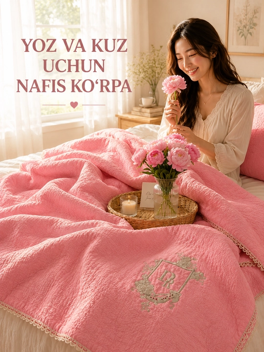 Yoz va kuz uchun mo‘ljallangan yengil va yumshoq ko‘rpa, 200×230 sm o‘lchamli jatkadan to‘qilgan mato - 