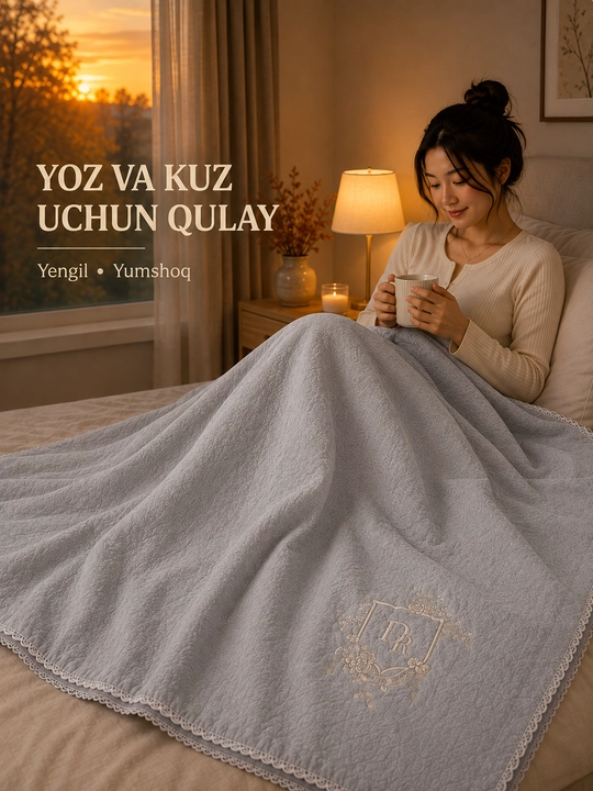 Yoz va kuz uchun mo‘ljallangan yengil va yumshoq ko‘rpa, 200×230 sm o‘lchamli jatkadan to‘qilgan mato