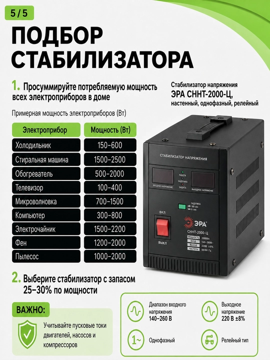 Kuchlanish stabilizatori ERA SNNT-2000-C 2000VA, 140–260 V, devorga o'rnatiladigan, 220 V