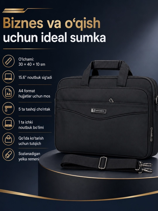 Erkaklar ish portfeli, ofis va noutbuk uchun, 15.6, qora sumka - 