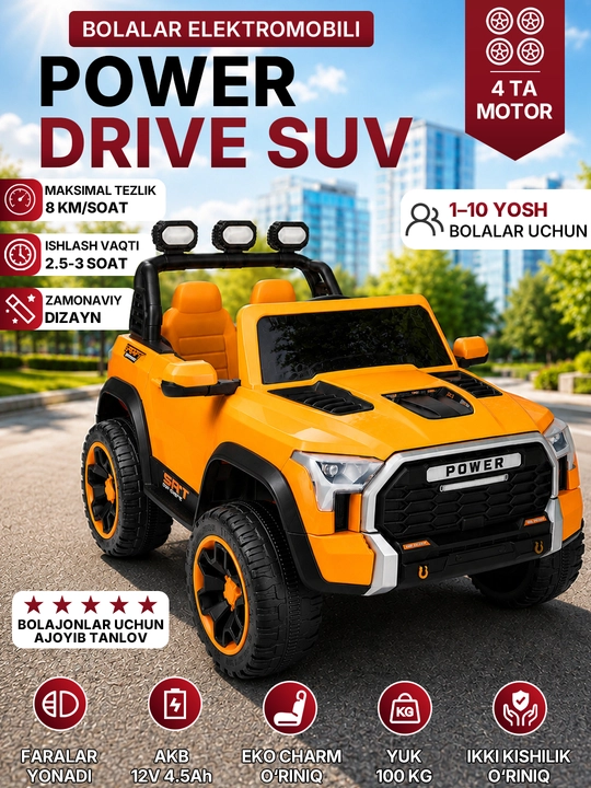 12V 4x390 kuchlanishli, to‘liq uzatmali, APP+pultli, EVA g‘ildirakli bolalar elektromobili