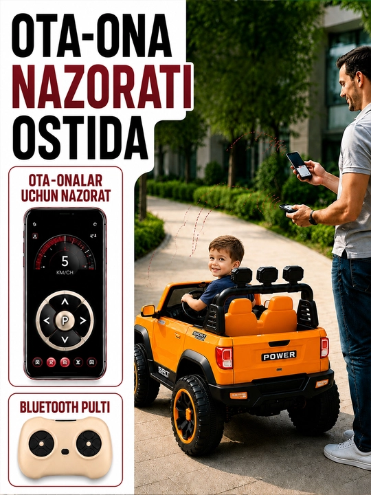 12V 4x390 kuchlanishli, to‘liq uzatmali, APP+pultli, EVA g‘ildirakli bolalar elektromobili
