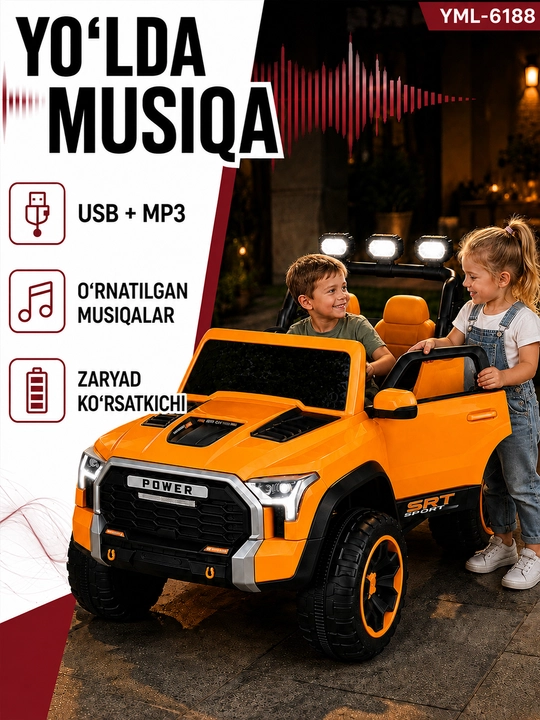 12V 4x390 kuchlanishli, to‘liq uzatmali, APP+pultli, EVA g‘ildirakli bolalar elektromobili