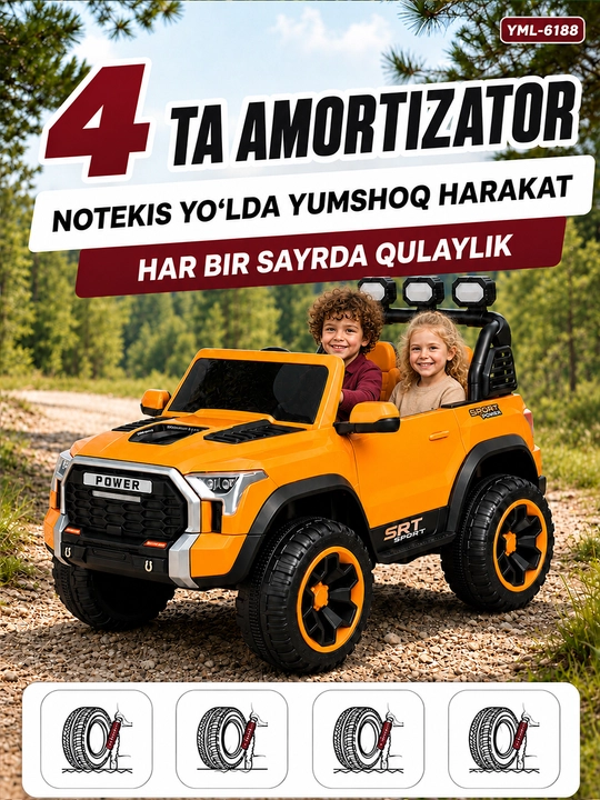 12V 4x390 kuchlanishli, to‘liq uzatmali, APP+pultli, EVA g‘ildirakli bolalar elektromobili