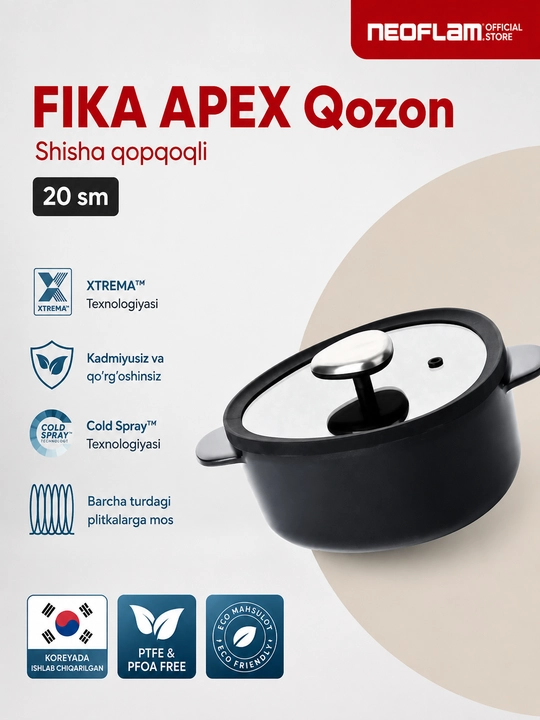 NEOFLAM FIKA APEX kastryulka 2.2 l, qozon, shisha qopqoqli, oshxona idishi - 