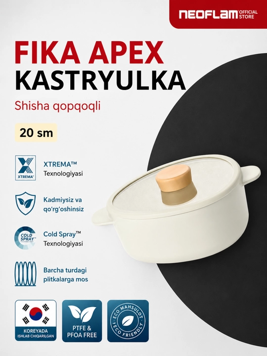 NEOFLAM FIKA APEX kastryulka 2.2 l, qozon, shisha qopqoqli, oshxona idishi - 