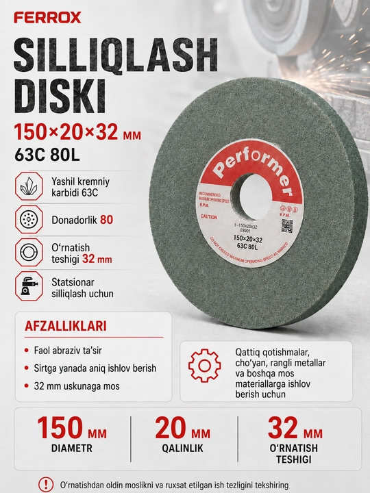 150×20×32 mm 63C 80L silliqlash doirasi, yashil kremniy karbidi