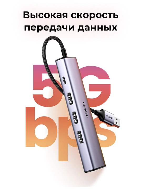 UGREEN 5в1 Hub USB3.0 RJ45 PD100Вт CM475 60554