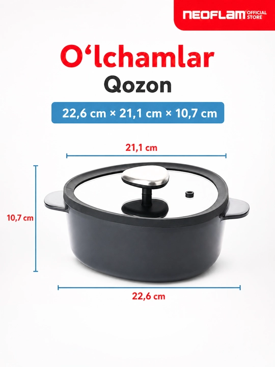 NEOFLAM FIKA APEX kastryulka 2.2 l, qozon, shisha qopqoqli, oshxona idishi