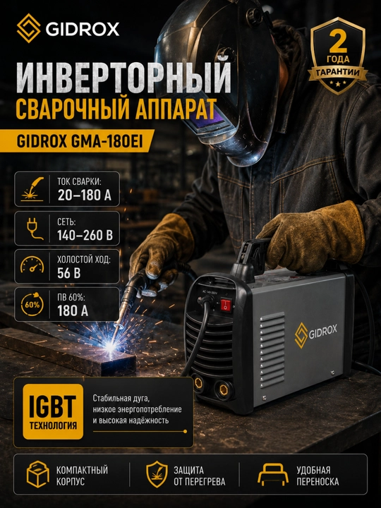 GIDROX GMA-180EI invertor payvandlash apparati, 20–180 A, 140–260 V