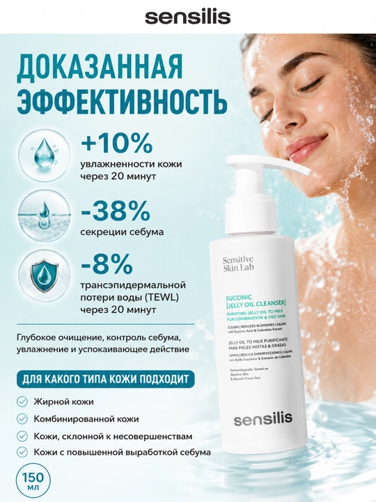 Sensilis Succinic Jelly Oil Cleanser yog‘li teri uchun yuz yuvish gel-moyi, 150 ml