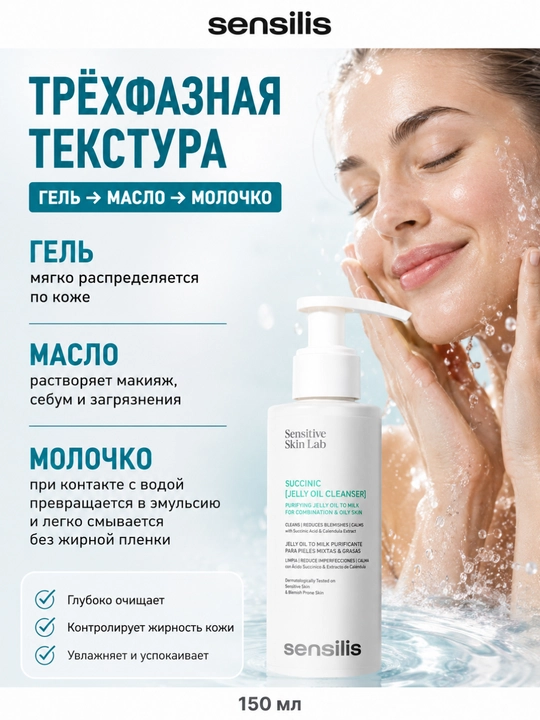 Sensilis Succinic Jelly Oil Cleanser yog‘li teri uchun yuz yuvish gel-moyi, 150 ml