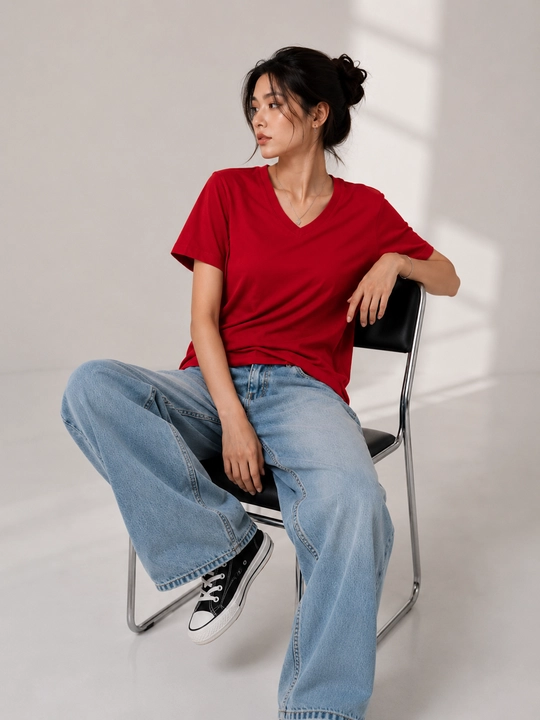Ayollar uchun bazaviy paxtali футболка V-yoqali oversize casual - 