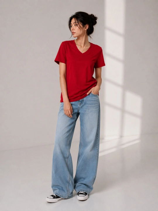 Ayollar uchun bazaviy paxtali футболка V-yoqali oversize casual
